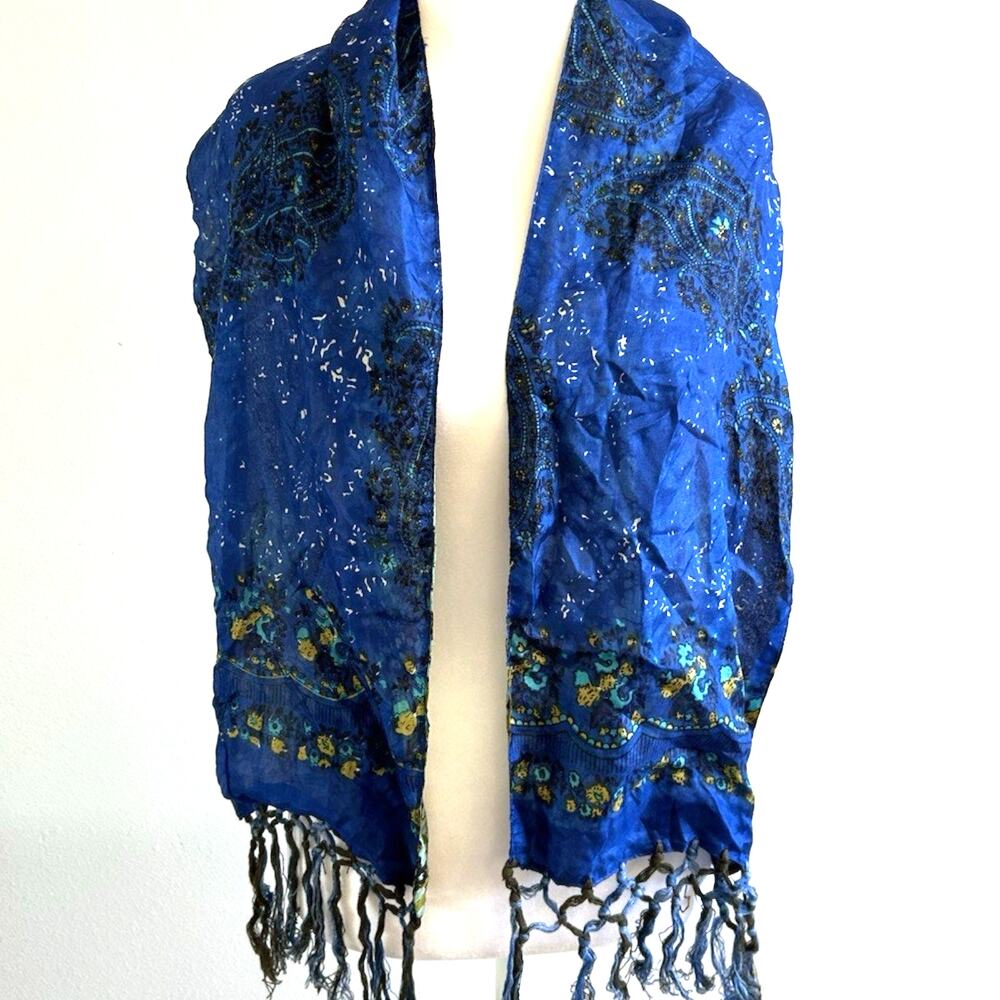 Lucky Brand Silk Boho Geo Pattern Square Scarf Tassels Blue Black Boho Fairy